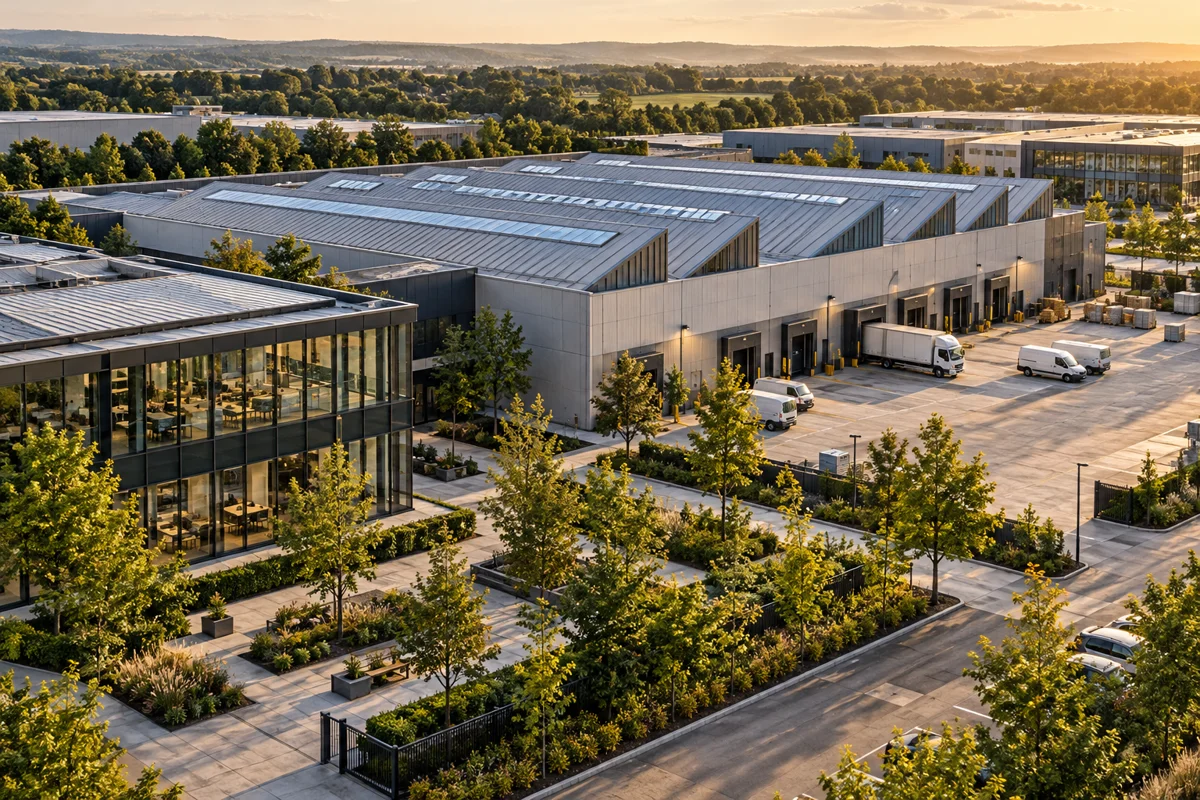 Illustrative aerial view of an industrial business campus with offices and service vehicles